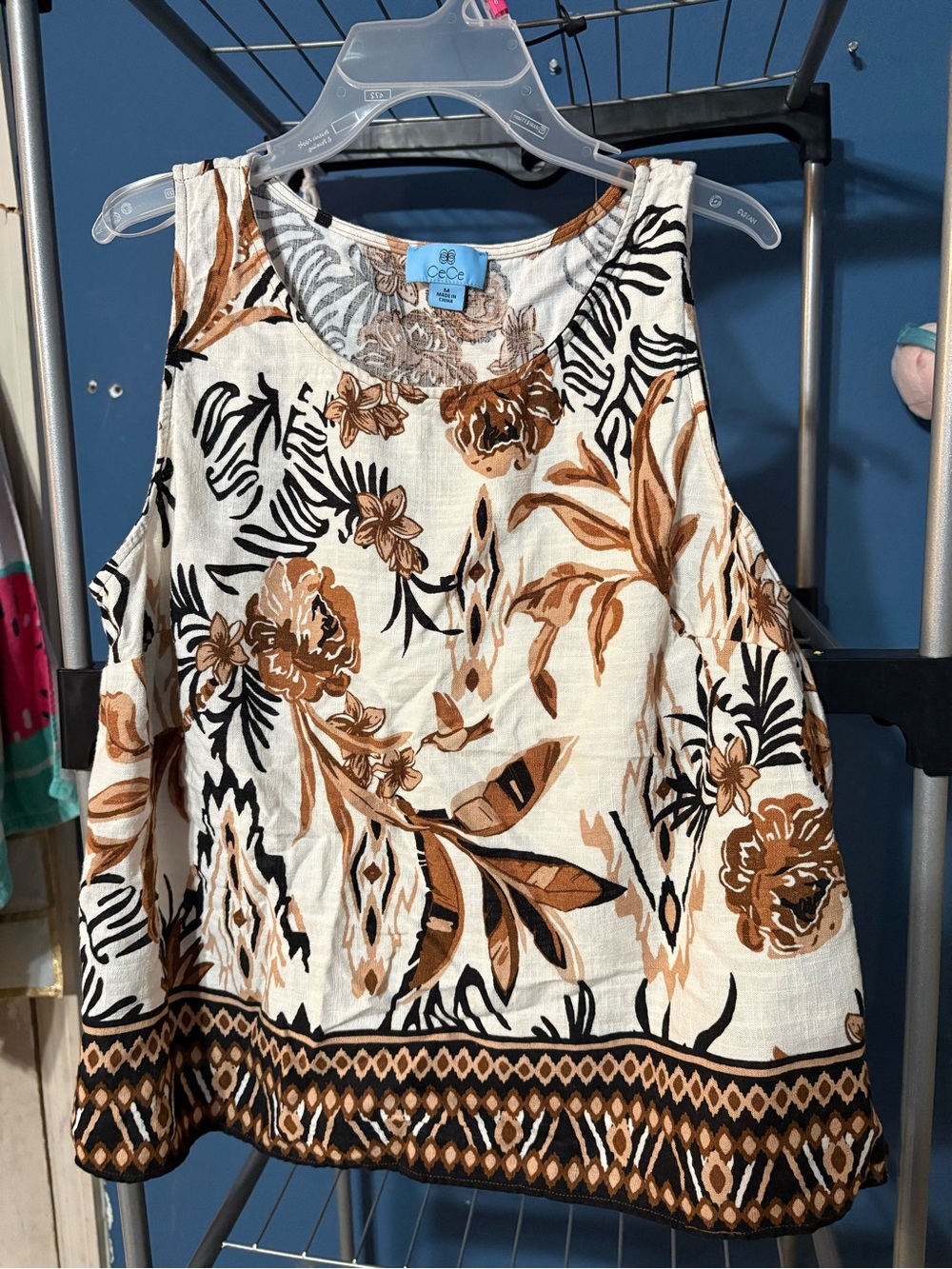 CeCe Floral Sleeveless Tank in Ivory, Brown & Black